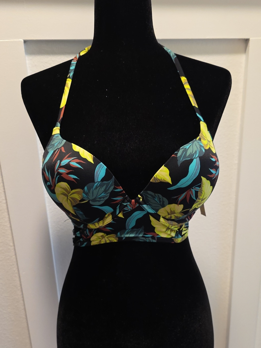 Victoria's Secret Black Floral Halter Bikini Top with Yellow & Teal Accents